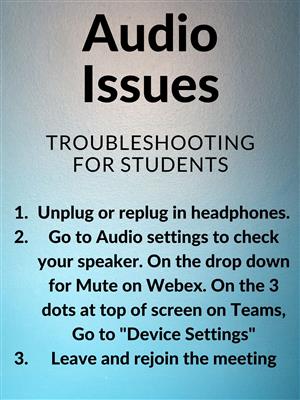 Audio Issues- Troubleshooting for Students. 1. Unplug or replug in headphones. 2. Go to Audio settings to check your speaker. 